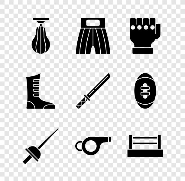 设置沙袋，拳击短，综合格斗手套，击剑，哨子，戒指，运动拳击鞋和日本武士刀图标。向量图片下载