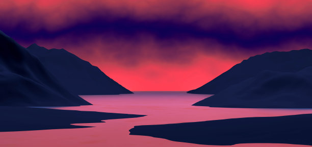 红色的天空和雾。神秘的背景。红色深红色的抽象。3 d演示。横幅。图片下载