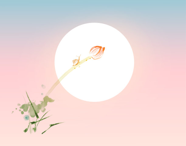 小蜗牛在莲花和日出的背景。传统的东方水墨画:美锷、玉心、围棋。极简主义禅宗插图图片下载