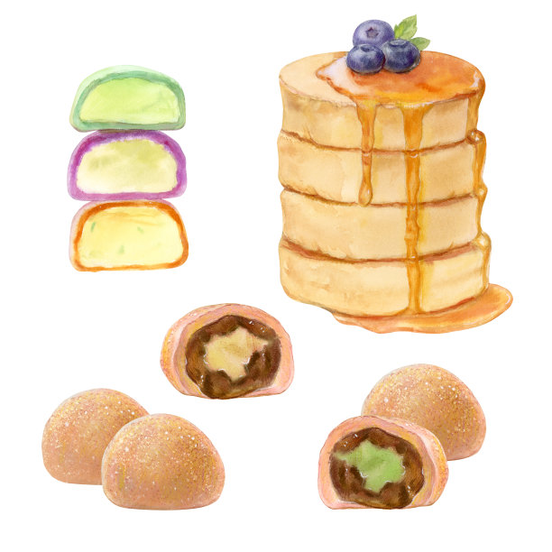 食物甜点，蛋奶酥煎饼，大福，水彩插图孤立在白色背景上图片下载