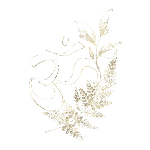 金辉尘埃风格的招牌Om，蕨类的枝叶。插花艺术。图片下载