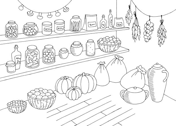 食品柜内部存储黑白图形草图插图矢量图片下载