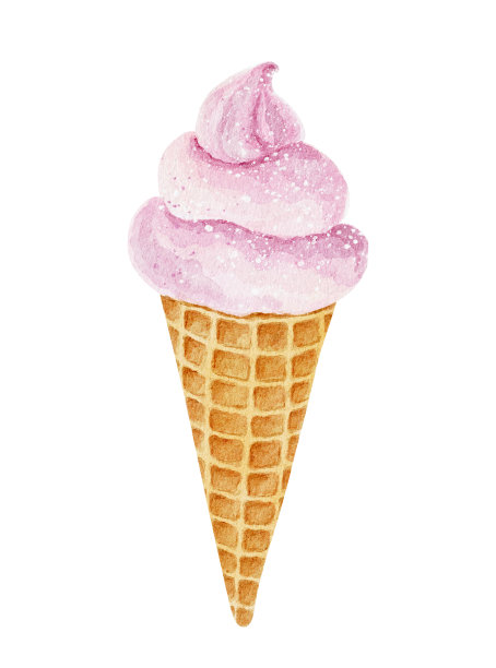 水彩冰淇淋华夫筒孤立在白色背景上。图片下载