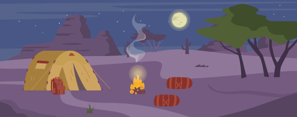 沙漠露营的夜晚与燃烧的营火附近的帐篷，平坦的矢量插图。图片下载