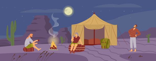 晚上休息在沙漠营地与旅行者附近的篝火，平面矢量插图。图片下载