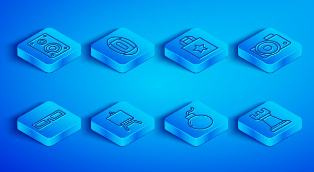 集立体声扬声器，美式足球，纸购物袋，画架或绘画艺术板，炸弹准备爆炸，相机，影院眼镜和商业战略图标。向量图片下载