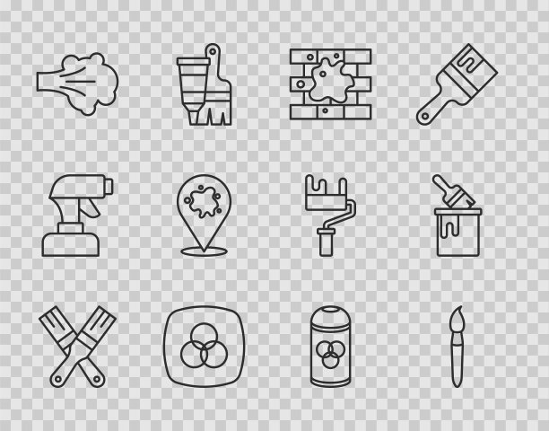 设置线条油漆刷，油漆房子，RGB和CMYK颜色混合，喷绘，罐和桶图标。向量图片下载