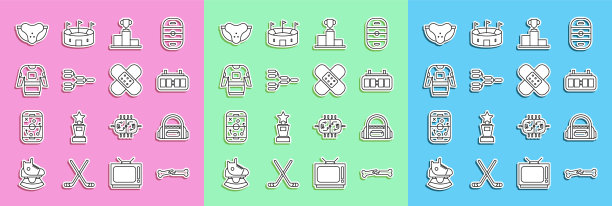 人体骨折，运动包，曲棍球机械记分板，在运动冠军领奖台上，锦标赛托架，运动衫，防护护身带和交叉绷带石膏图标。向量图片下载