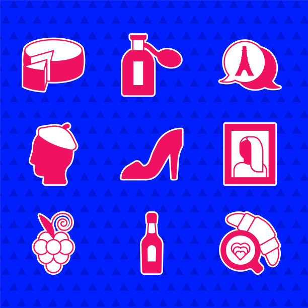 设置女人的鞋子，香槟瓶，咖啡杯与羊角面包，肖像在博物馆，葡萄水果，法国，埃菲尔铁塔和奶酪图标。向量图片下载