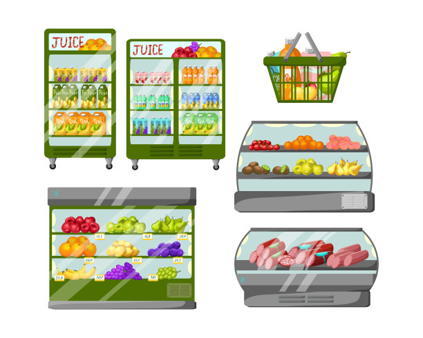 冰箱和架子与食物矢量插图集图片下载