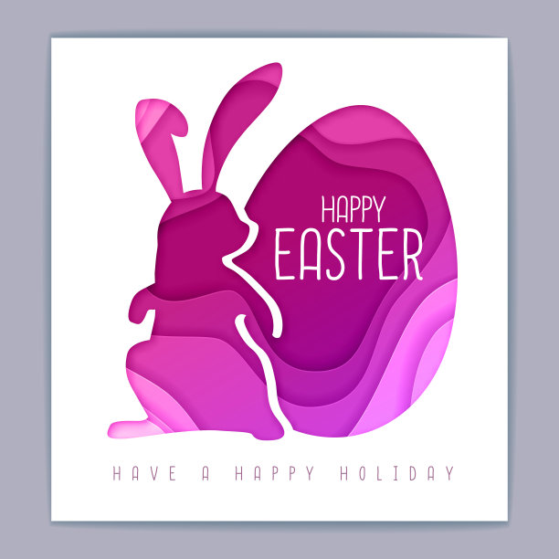 复活节彩蛋和兔子剪影。剪纸艺术风格设计。复活节贺卡。矢量图图片下载
