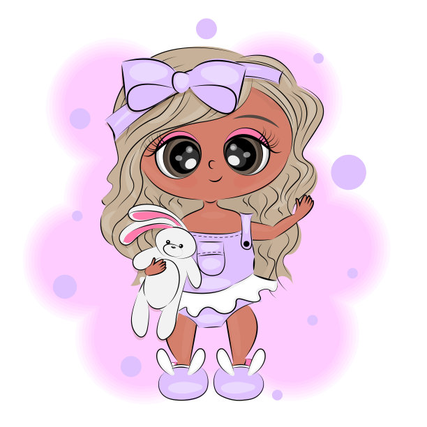 可爱的小女孩，大大的眼睛，可爱的插图，印在纺织品上，t恤上，包装设计，明信片，婴儿淋浴邀请，儿童房装饰，室内。矢量插图。矢量图图片下载