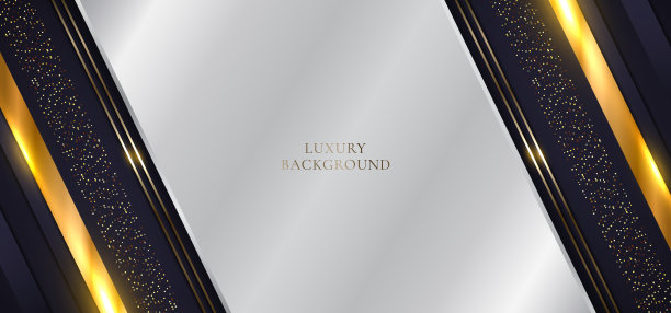 3D现代奢华模板设计，白色斜条纹图案和金色闪光线条灯光在黑暗的背景上闪烁图片下载