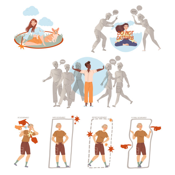 设定个人界限，人们站在划定的界限内。自我孤立，不合群的孤独者，个人空间矢量插图素材图片
