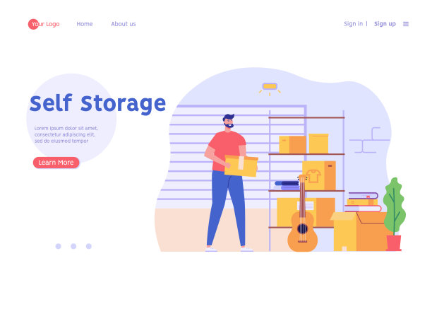 他把个人物品放在出租的自助储藏室里。租金迷你车库。概念自助式储物单元，小型迷你仓库，出租车库。矢量插图在平面设计的网页横幅图片下载