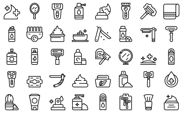 剃须化妆品图标设置轮廓向量。男人刮胡子图片下载