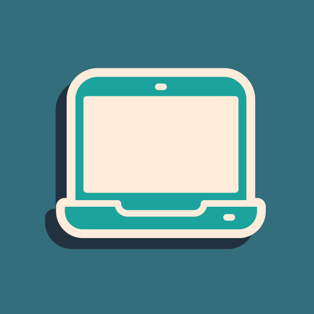 绿色笔记本电脑图标孤立在绿色背景。电脑笔记本与空屏幕标志。长长的阴影风格。向量图片下载