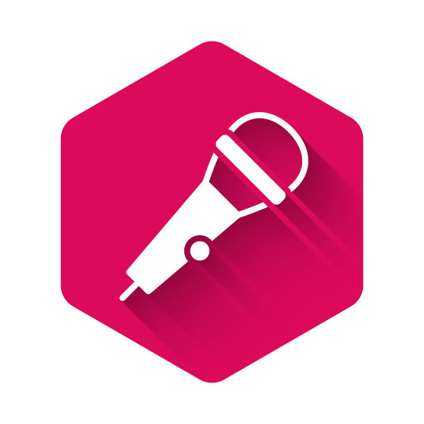 白色麦克风图标孤立与长阴影背景。在空中无线电麦克风麦克风。演讲者的迹象。粉红色的六角按钮。向量图片下载