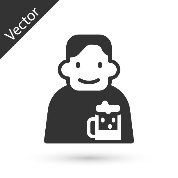 灰色快乐的人与啤酒图标孤立在白色背景上。向量图片下载