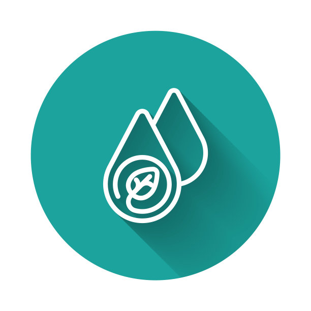 白线水能源图标孤立与长阴影背景。小水滴的生态概念。替代能源的概念。绿色圆圈按钮。向量图片下载