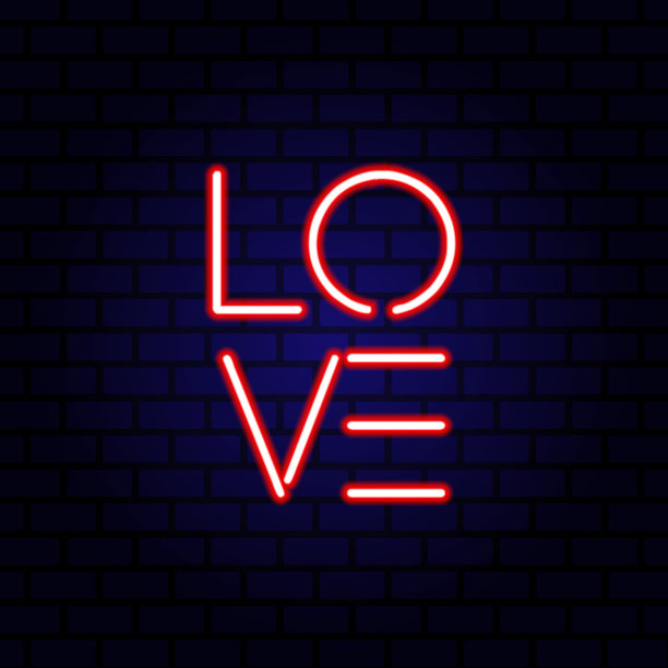 砖墙背景上的霓虹灯“爱”字。图片下载