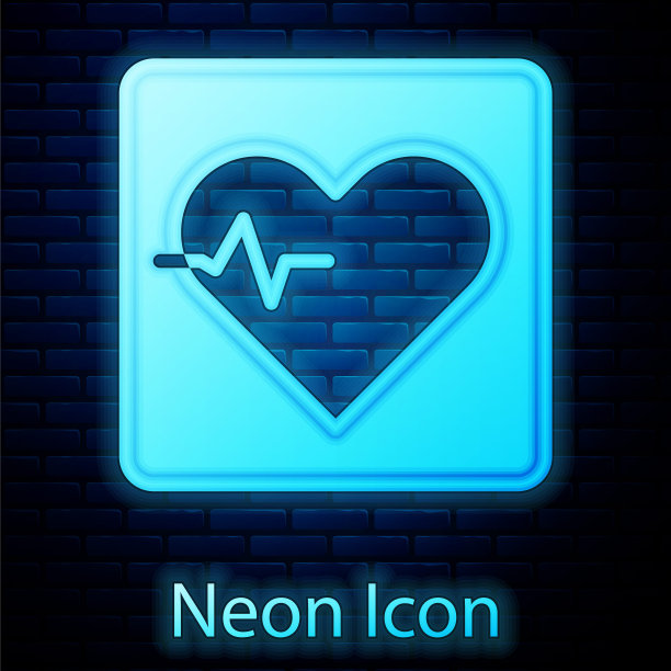 发光的霓虹灯心率图标孤立在砖墙背景。心跳信号。心脉图标。心电图图标。向量图片下载