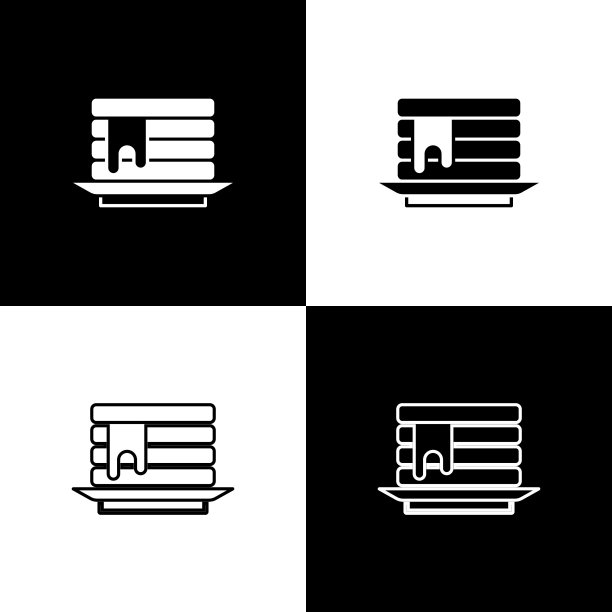 设置堆叠的煎饼与蜂蜜图标孤立在黑白背景上。早餐的概念。向量图片下载