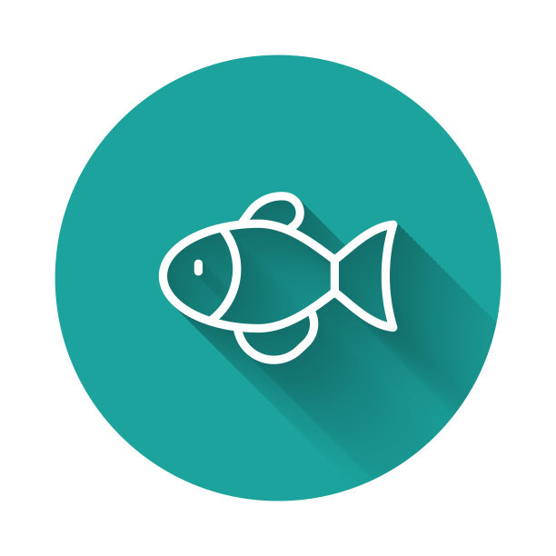 白线鱼图标孤立与长阴影背景。绿色圆圈按钮。向量图片下载