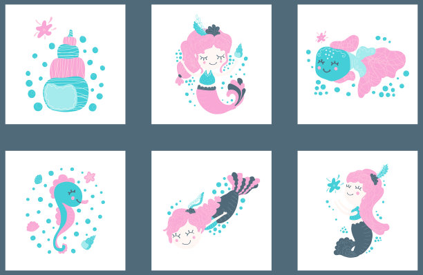 一套可爱的儿童卡通小女孩美人鱼，鱼，海马和贝壳在白色背景的正方形图片。收集海报，请柬，婴儿送礼会，卡片，打印，贴纸。向量图片下载