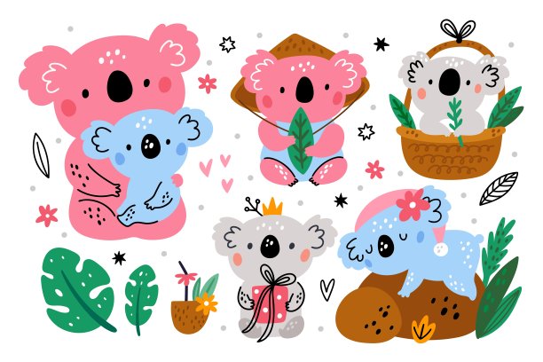 可爱的考拉。熊毛茸茸的颜色。有趣的毛茸茸的动物睡觉或吃桉树叶。动物们会以不同的姿势放松。妈妈和孩子。澳大利亚野生动物。矢量漫画人物集图片下载