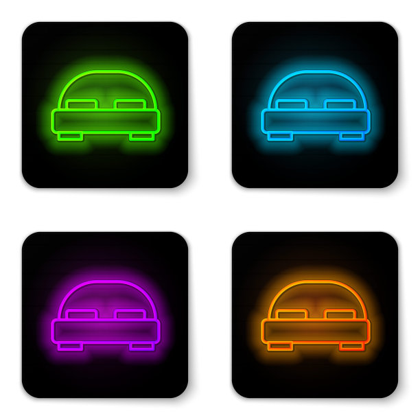 发光的霓虹灯线大床两个或一个人的图标孤立在白色背景上。黑色方形按钮。向量图片下载