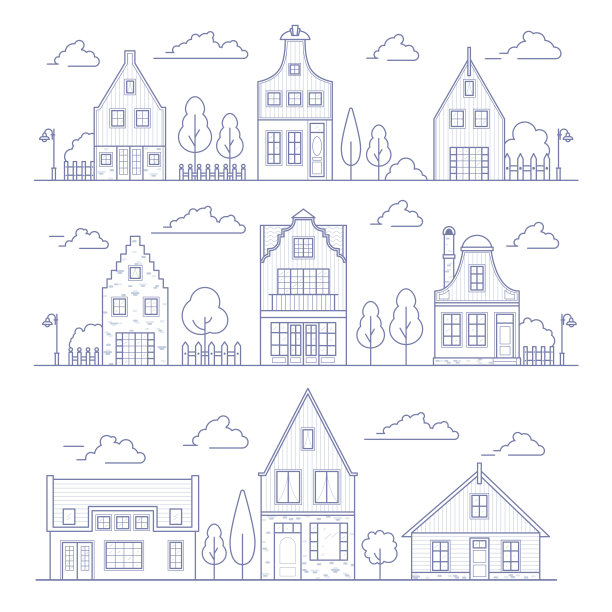 欧洲邻居的房子。荷兰郊区，有舒适的房子。荷兰古老传统建筑的立面。景观轮廓矢量插图。图片下载