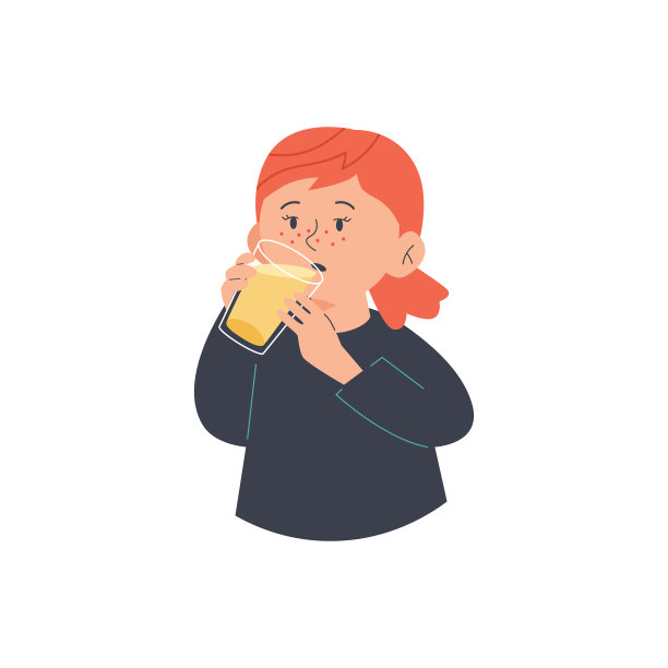 孩子拿着杯子喝橙汁，平面矢量插图孤立。图片下载