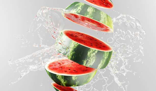 切成薄片的西瓜落入水中溅在灰色的背景上图片下载