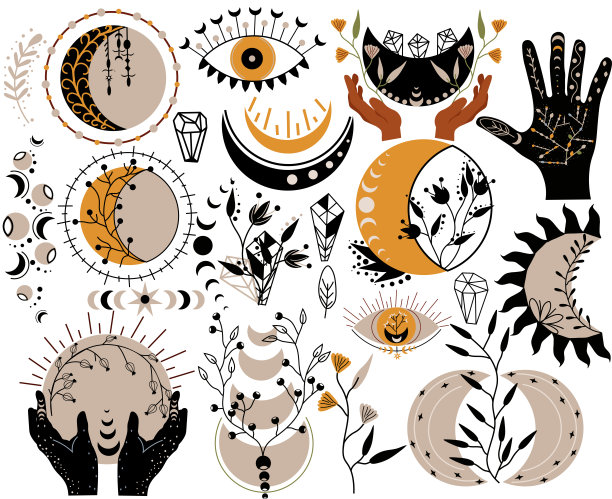 天体波西米亚月相。神秘的天月，神秘的手，水晶，叶子，花朵。波西米亚巫术月球。神秘的月球。矢量图图片下载