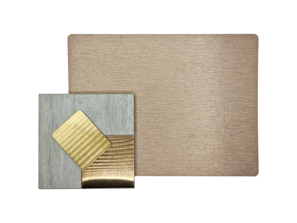 工业内部材料组，包括金拉丝不锈钢，发际铜铝，青铜金属层压和石灰华瓦样品与剪影路径背景隔离。图片下载