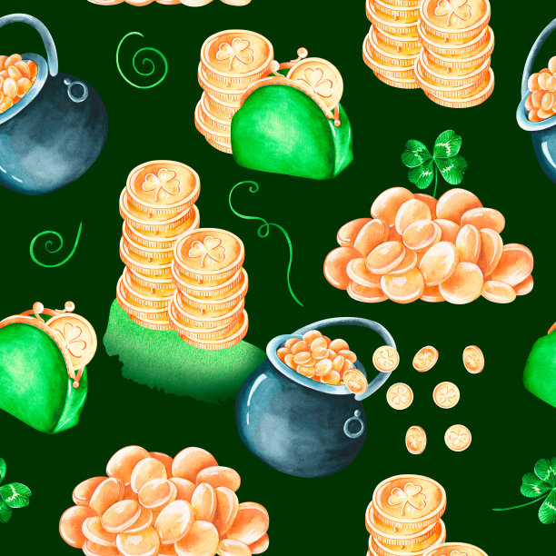 无缝金妖精图案。水彩插图。孤立在深绿色背景图片下载