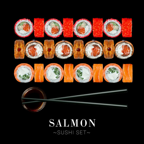 一套寿司卷不同的片筷子和酱油孤立在黑色背景现成的食物横幅与文字空间图片下载