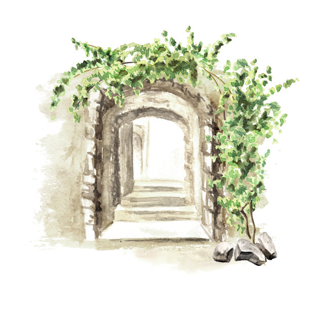 古镇，爬藤植物，手绘水彩插图，孤立在白色背景图片下载
