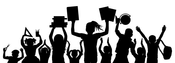 学生们带着书本和笔记本、尺子、剪刀和地球仪、背包。一年级快乐人群的剪影。回到学校。矢量插图。图片下载