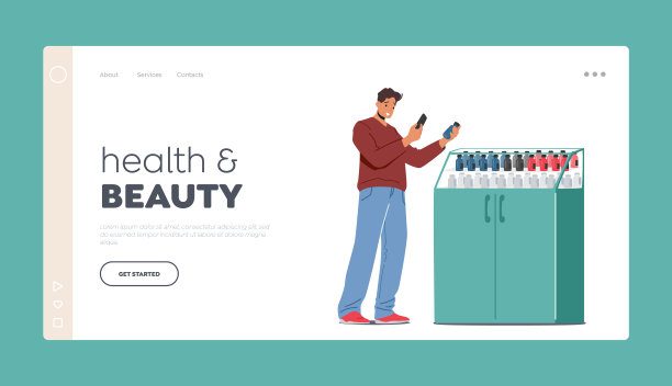 健康和美丽着陆页面模板。顾客在药店购买药物。男人在药房选择药物图片下载