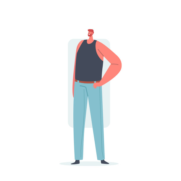 体型呈矩形的男子，双手叉腰，男性人物体型，身穿牛仔裤和黑色背心的姿势图片下载