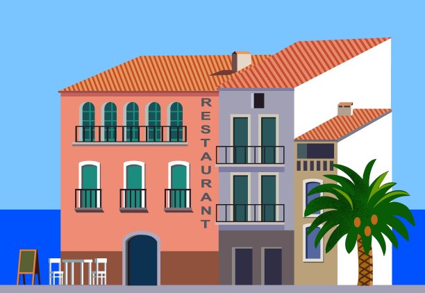 古老的欧洲城镇平面风格矢量插图图片下载