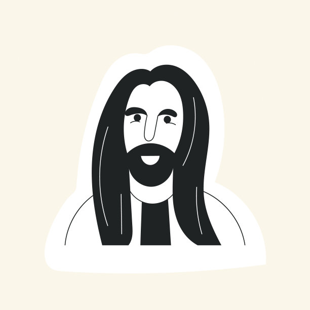 有胡子和长头发的涂鸦男人脸头像。时尚潮人肖像贴纸。黑白矢量插图孤立在白色背景上。时尚胡须男脸的标志图片下载