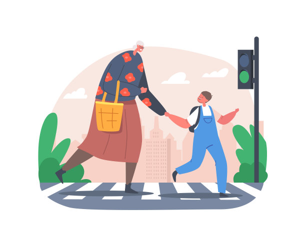 小男孩用汽车和红绿灯带着老太太过十字路口。男学生帮助老太太过马路图片下载