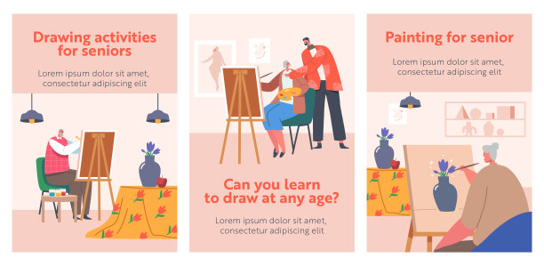老年男性和女性角色学习绘画在艺术工作室班卡通横幅。坐在画架前的老男人和女人图片下载