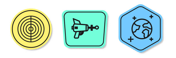 设置线地结构、射线枪和地球仪。颜色的形状。向量图片下载