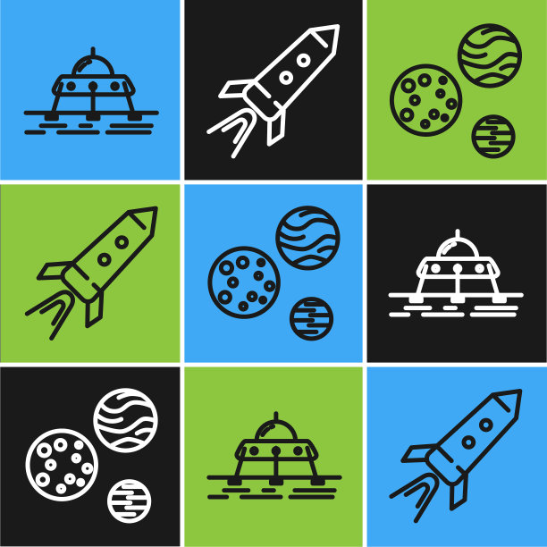 设置线火星漫游者，行星和火箭船与火焰图标。向量图片下载