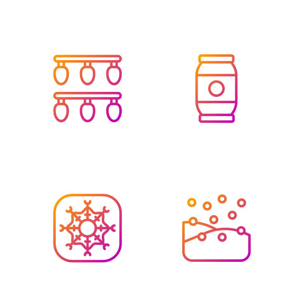 集雪花、雪花、圣诞彩灯、啤酒罐于一体。渐变颜色图标。向量图片下载