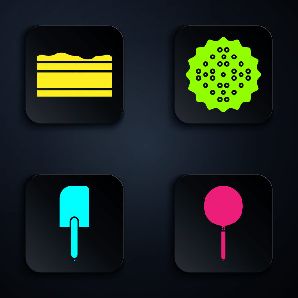 设置煎锅，布朗尼巧克力蛋糕，刮刀和饼干。黑色方形按钮。向量图片下载